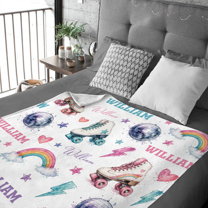 Personalized Roller Skate Blanket - Retro Disco Rainbow Custom Name Throw for Kids