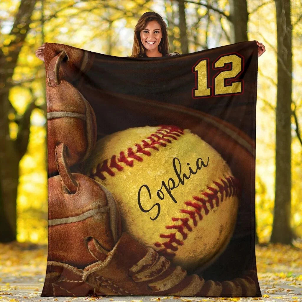 Custom Name & Number Baseball Blanket - Personalized Softball Throw Blanket for Kids