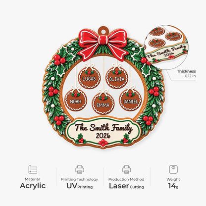 3D Effect Gingerbread Wreath - Personalized Family Acrylic Ornament for Christmas Tree