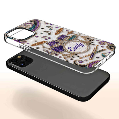 Custom name drum set clear phone case with jewel-embellished music notes for drummers and musicians image 9