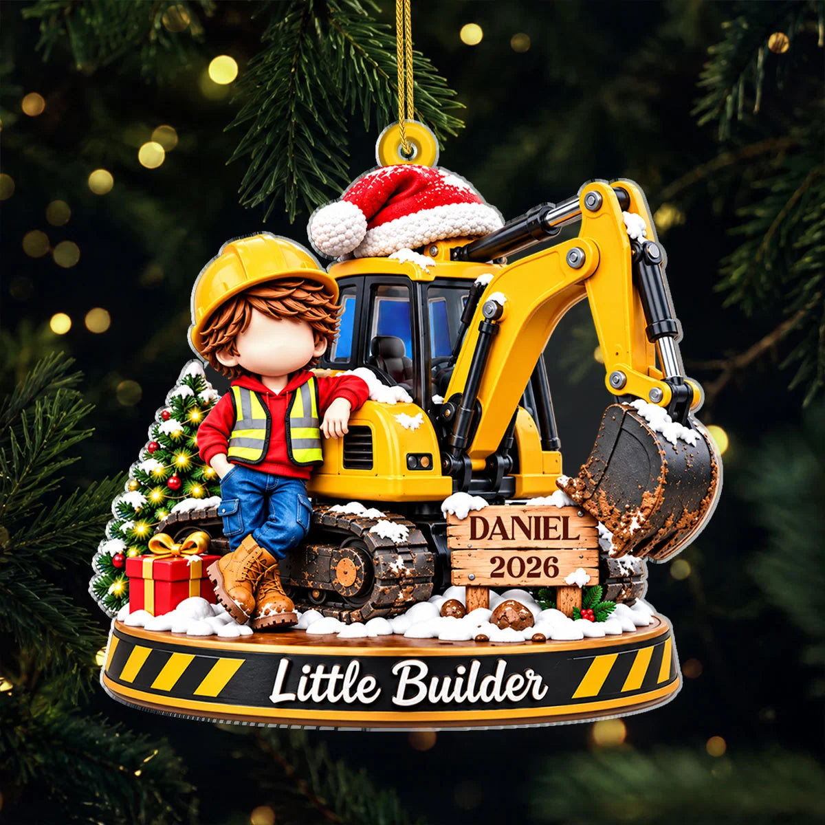 Little Builder Personalized Excavator Acrylic Ornament - Custom Christmas Keepsake Gift for Kids