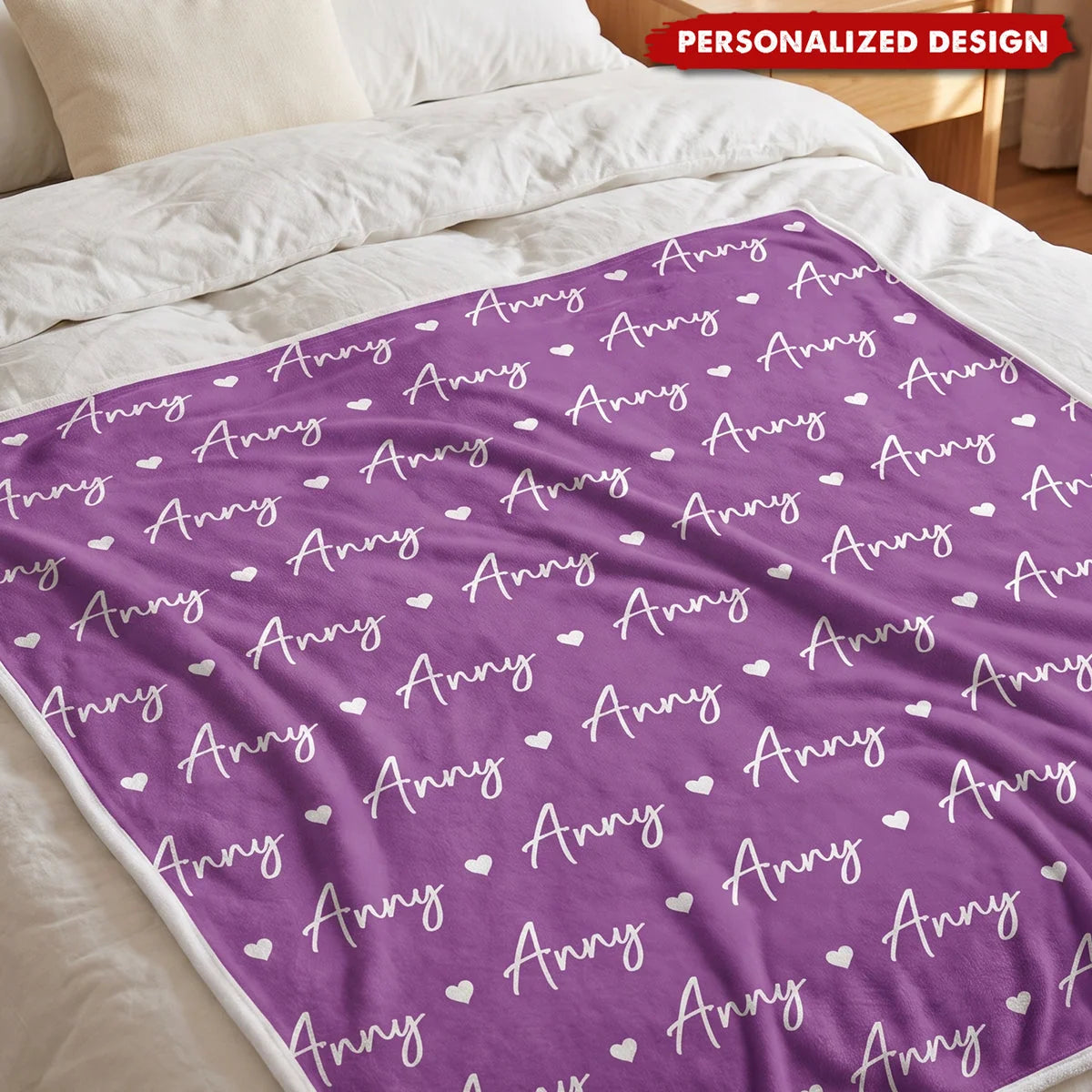 Repeated Heart Pattern Personalized Name Blanket - Custom Cozy Fleece Throw for Birthday