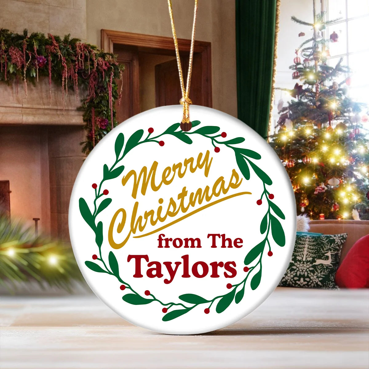 "Merry Christmas from The Family" Custom Ceramic Ornament - Personalized Holiday Keepsake