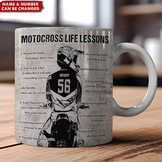 Motocross Life Lessons Personalized Mug - Custom Dirt Bike Name & Number Coffee Cup Gift