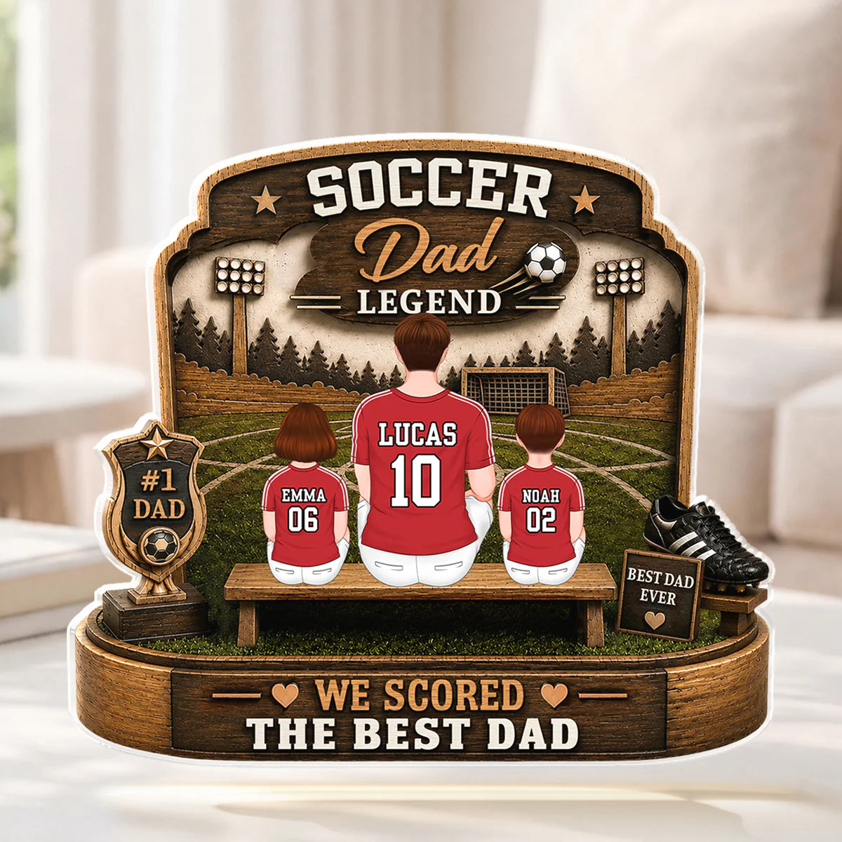 Personalized soccer dad acrylic plaque featuring custom jerseys and names on a stadium bench