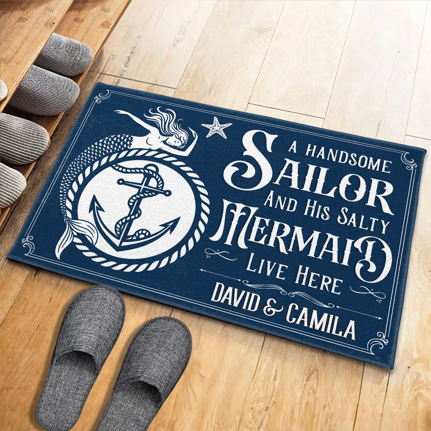 Personalized nautical doormat with sailor and mermaid design for couples beach home decor image 6
