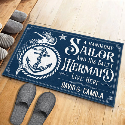 Personalized nautical doormat with sailor and mermaid design for couples beach home decor image 6