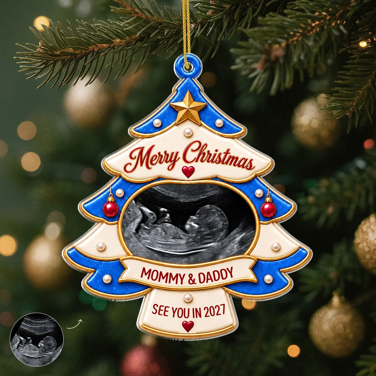 Merry Christmas Mommy and Daddy Custom Photo Acrylic Ornament - Personalized Ultrasound Christmas Gift for Expecting Parents