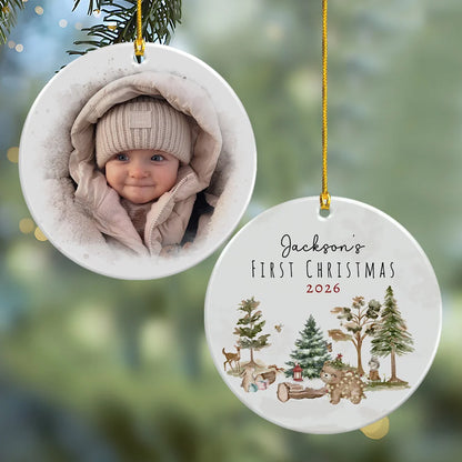 "Baby's First Christmas" Custom Photo Ceramic Ornament - Personalized Holiday Woodland Keepsake for New Parents