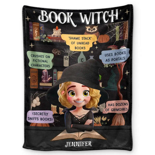 Personalized book witch blanket featuring a custom cute cartoon witch with book quotes for book lovers gift.