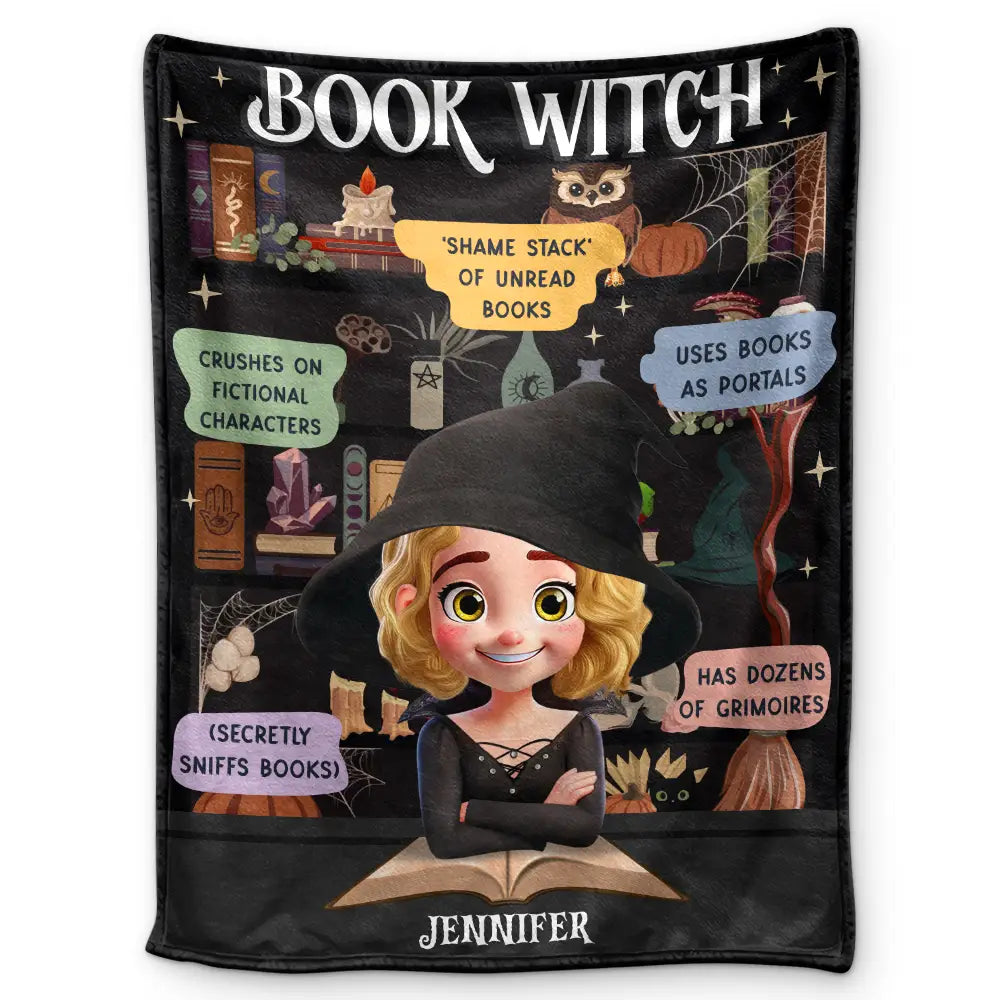 Personalized book witch blanket featuring a custom cute cartoon witch with book quotes for book lovers gift.
