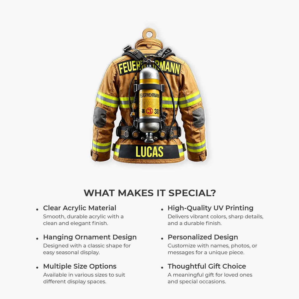 Personalized Firefighter Jacket Acrylic Ornament - Custom Turnout Gear Keepsake for Brave Heroes & Firefighters