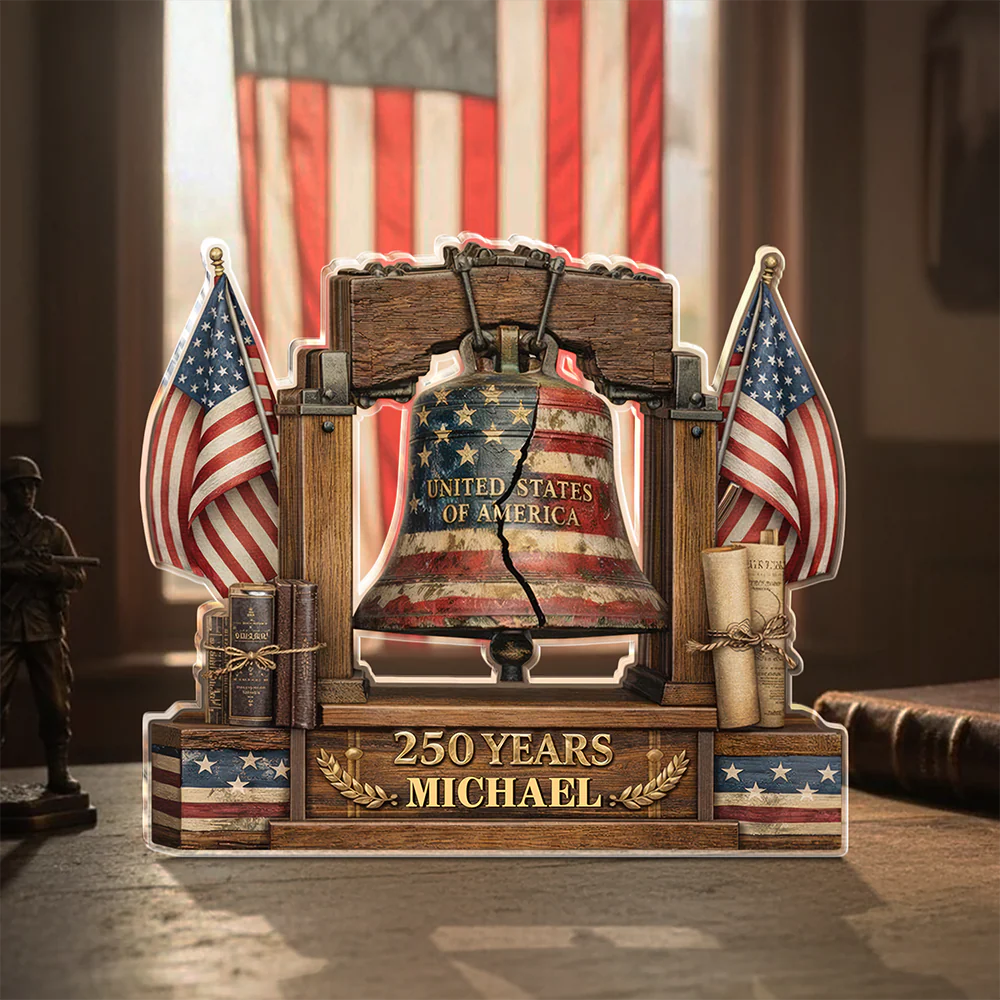 Custom liberty bell plaque made of clear freestanding acrylic block for America's 250th anniversary celebration gift
