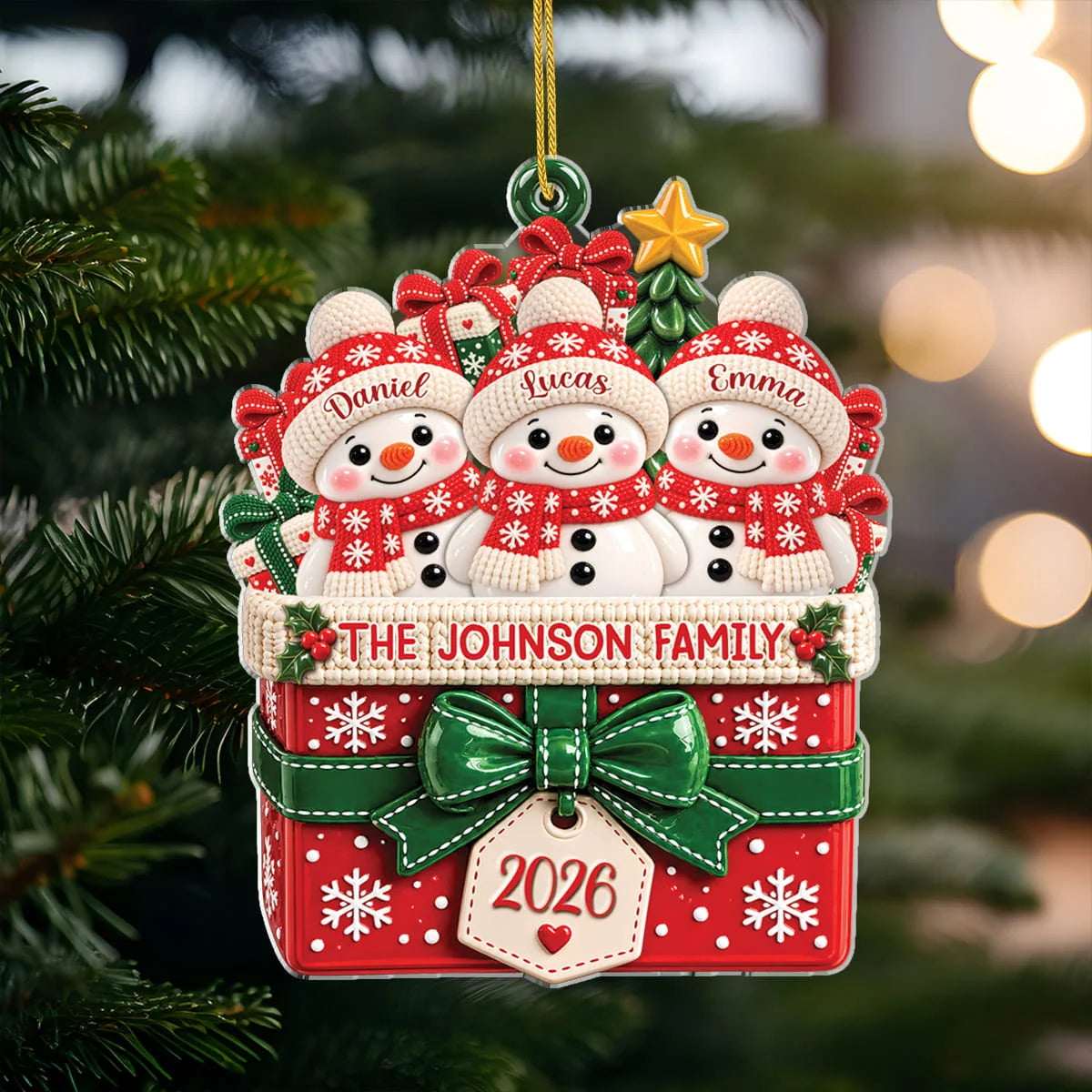 Snowman Gift Box Personalized Snowman Family Ornament - Custom Acrylic Christmas Keepsake for Families