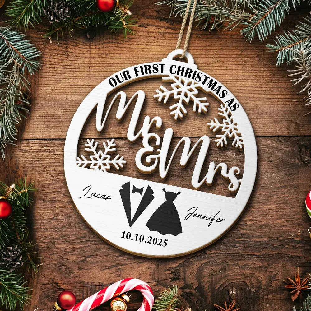 First Christmas Couple Merry & Married - Personalized Custom Shaped Wooden Ornament 70fae44b-364b-48d2-9b3a-132bbbf2b910-AT1754-CIN3607-MK-4.jfif