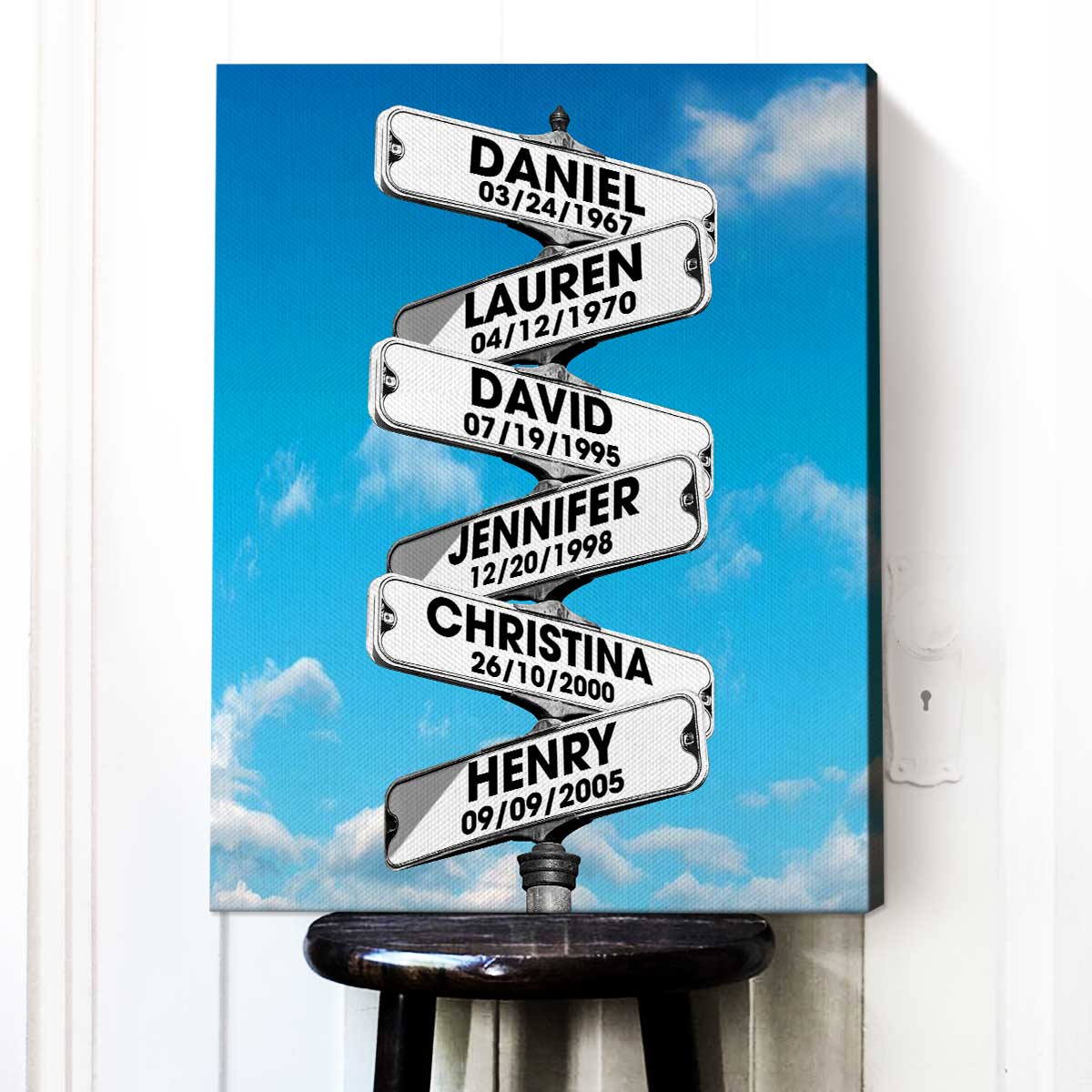 Custom blended family wall art featuring multi-name street signs on a personalized canvas print for dad or grandpa