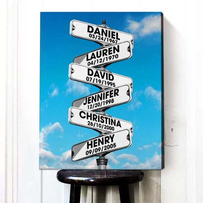Custom blended family wall art featuring multi-name street signs on a personalized canvas print for dad or grandpa