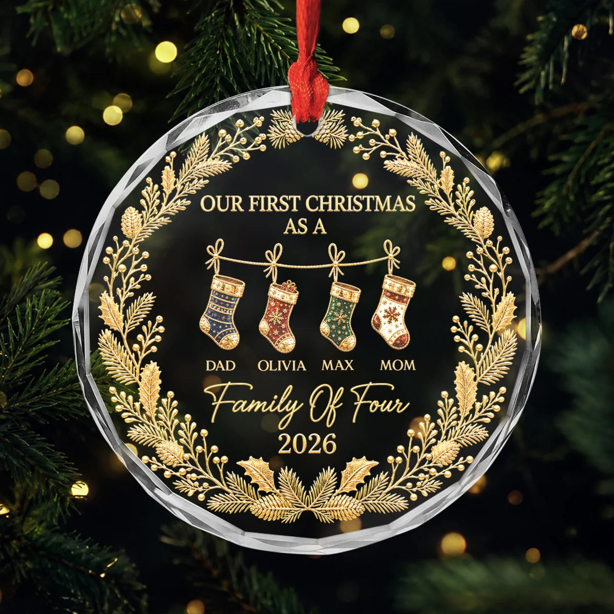 "Our First Christmas As A Family" Personalized Glass Ornament - Custom Christmas Keepsake