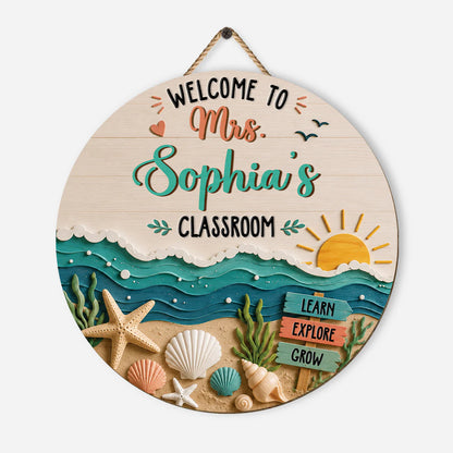 Personalized classroom welcome decor round wood sign with beach waves starfish and custom teacher name print