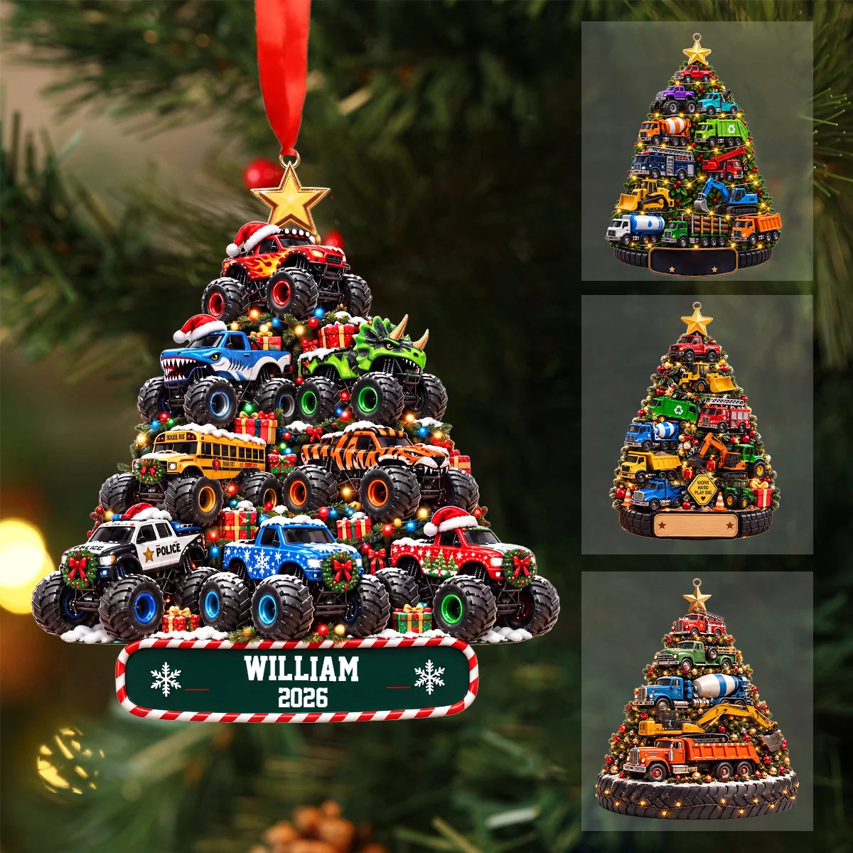 Monster Truck Christmas Tree Personalized Wooden Ornament - Custom Name Holiday Keepsake