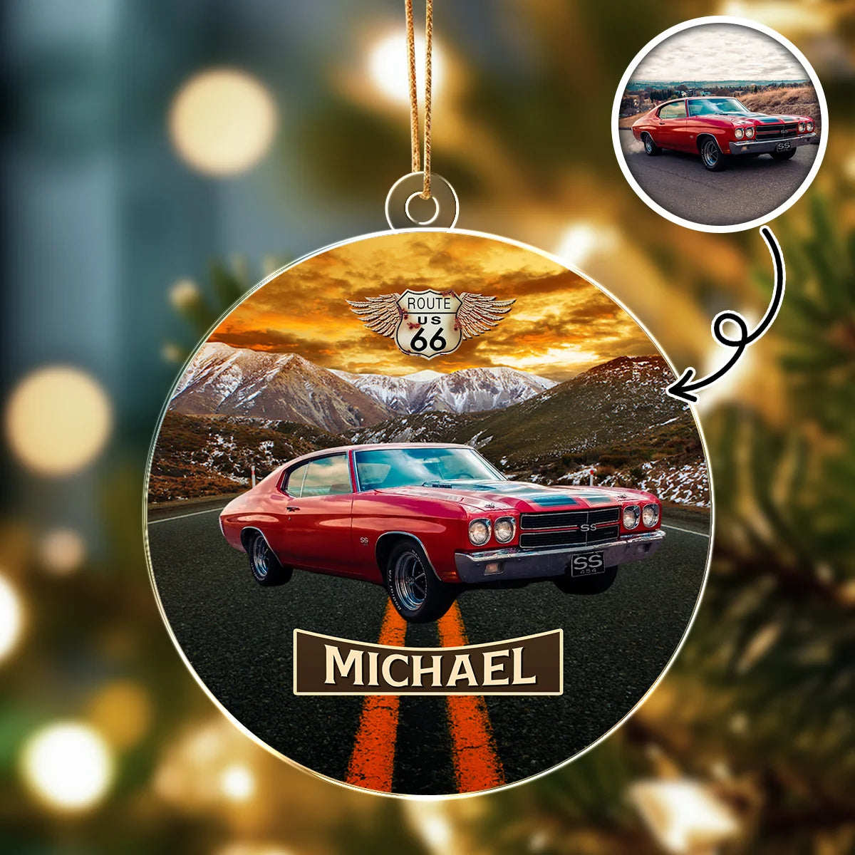 Route 66 Vintage Style - Personalized Car Photo Acrylic Ornament Gift for Car Lovers