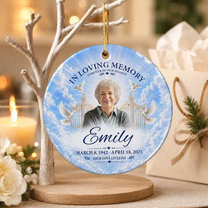 "In Loving Memory Your Love Lives On" Personalized Ceramic Ornament - Custom Photo Memorial Keepsake Gift