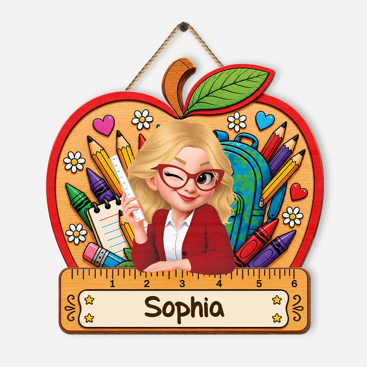 Personalized teacher apple wood sign with custom name cartoon illustration and ruler design