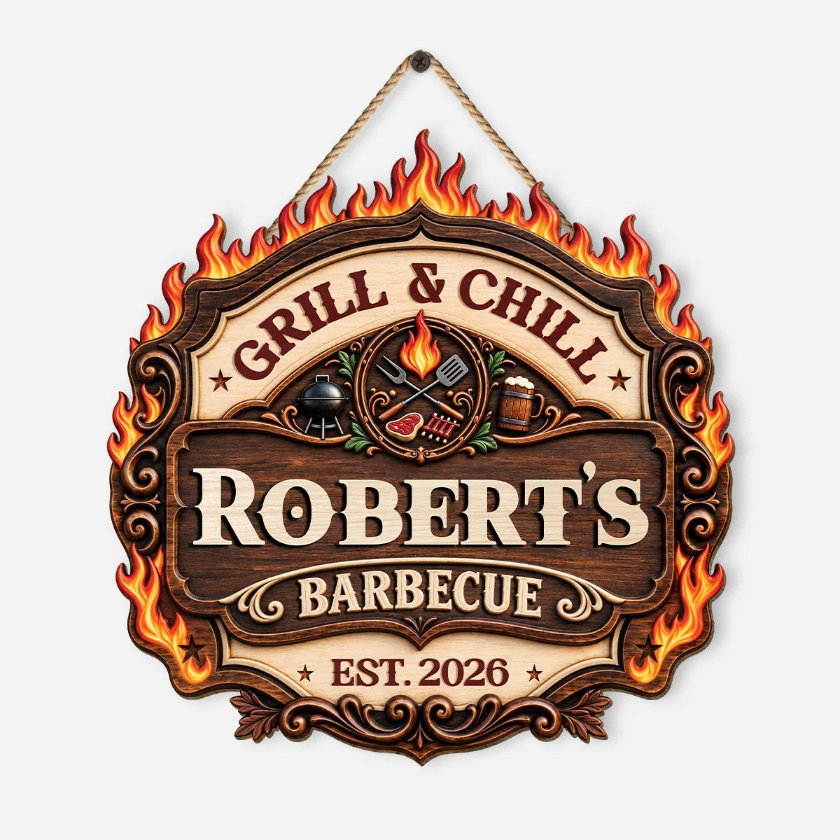 "Grill and Chill" Personalized Wood Sign - Custom BBQ Backyard Wall Decor Gift