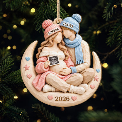 Personalized Parents to Be Moon Wooden Ornament - Custom Pregnancy Christmas Keepsake Gift