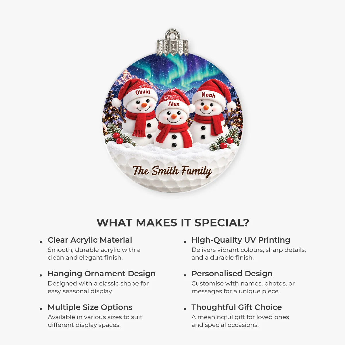 Snowman Family Personalized Acrylic Ornament - Christmas Holiday Keepsake Gift