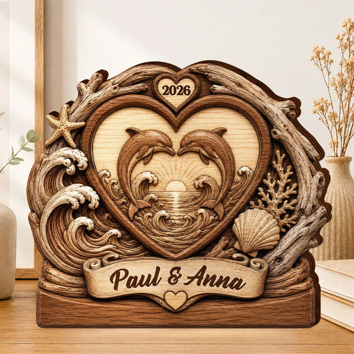 Two Dolphins Endless Love Personalized Wooden Block - Custom Anniversary Gift for Couples