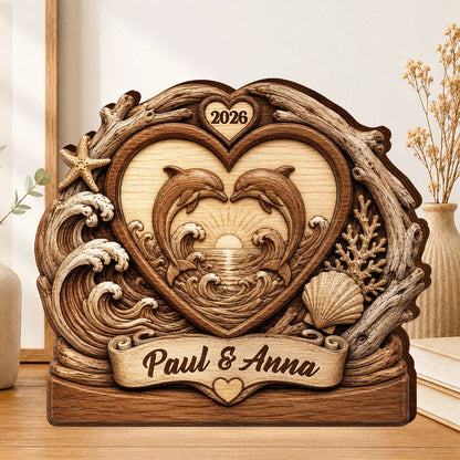 Two Dolphins Endless Love Personalized Wooden Block - Custom Anniversary Gift for Couples