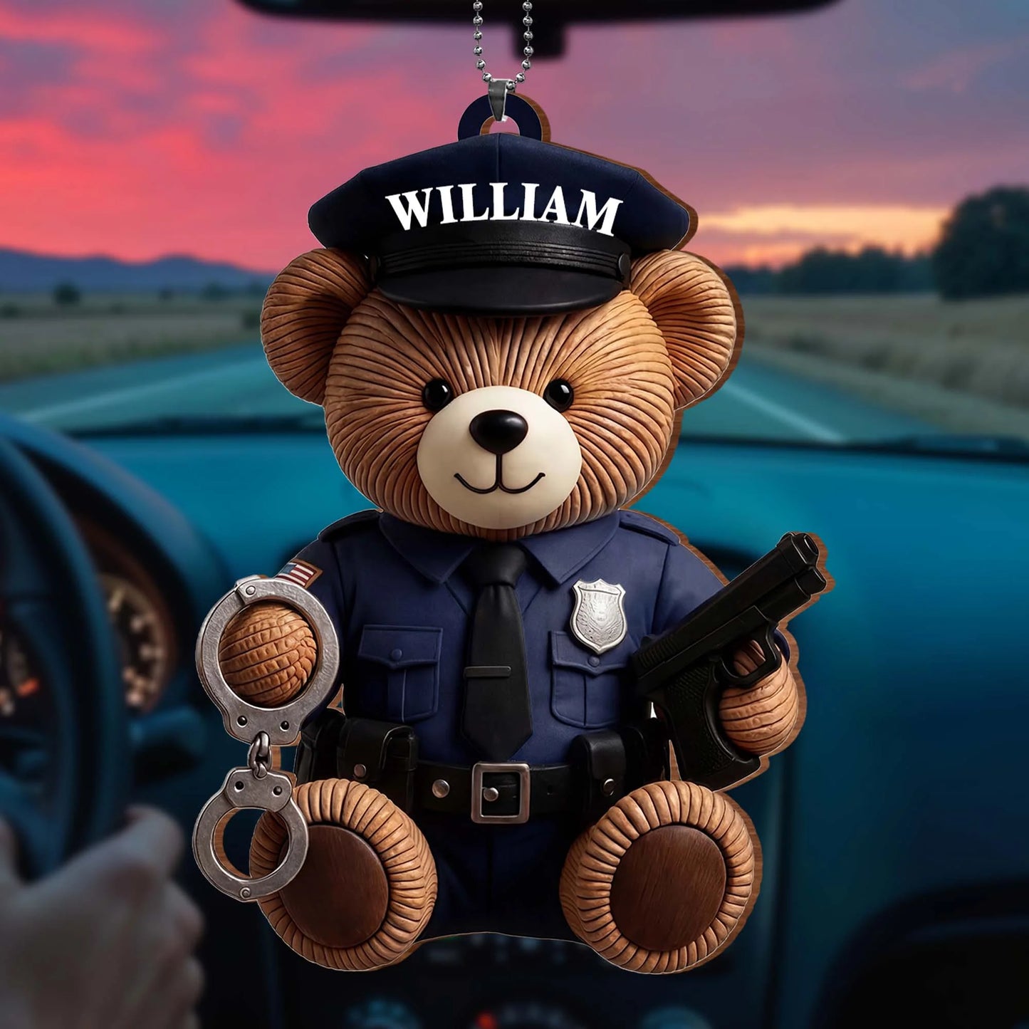 Custom Police Officer Bear Wood Ornament personalization view for Dad