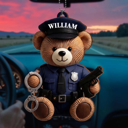 Custom Police Officer Bear Wood Ornament personalization view for Dad