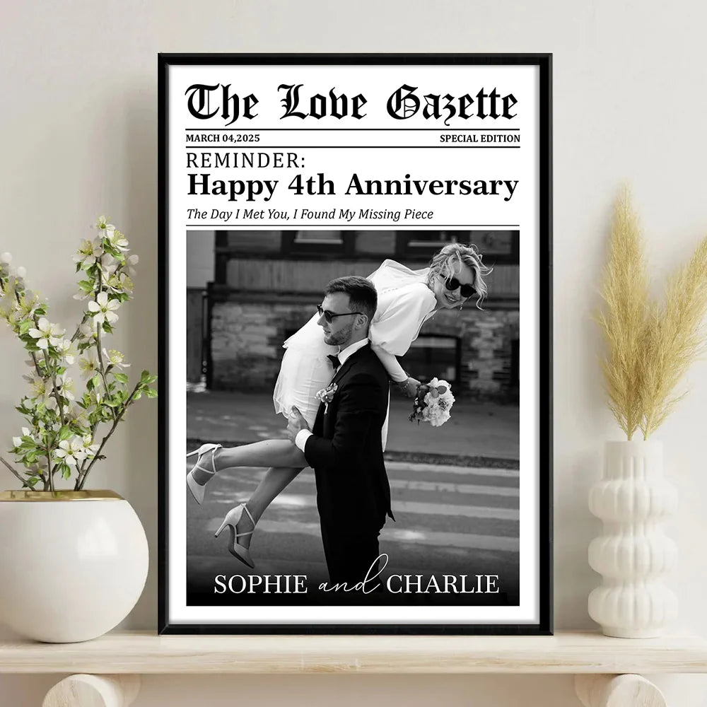 Custom couple newspaper poster canvas with personalized photo and anniversary text
