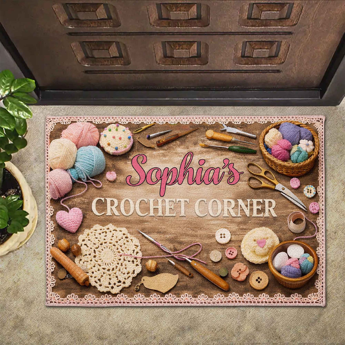Personalized Crochet Corner Doormat personalization view for Mom