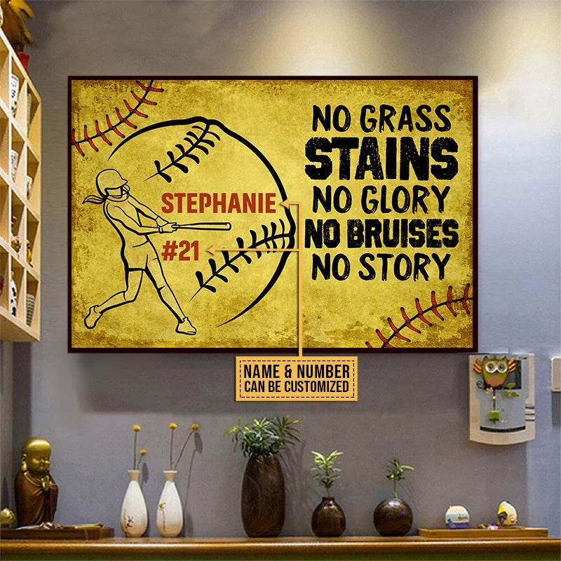 "No Grass Stains No Glory" Personalized Softball Canvas / Poster - Custom Wall Art Gift for Players