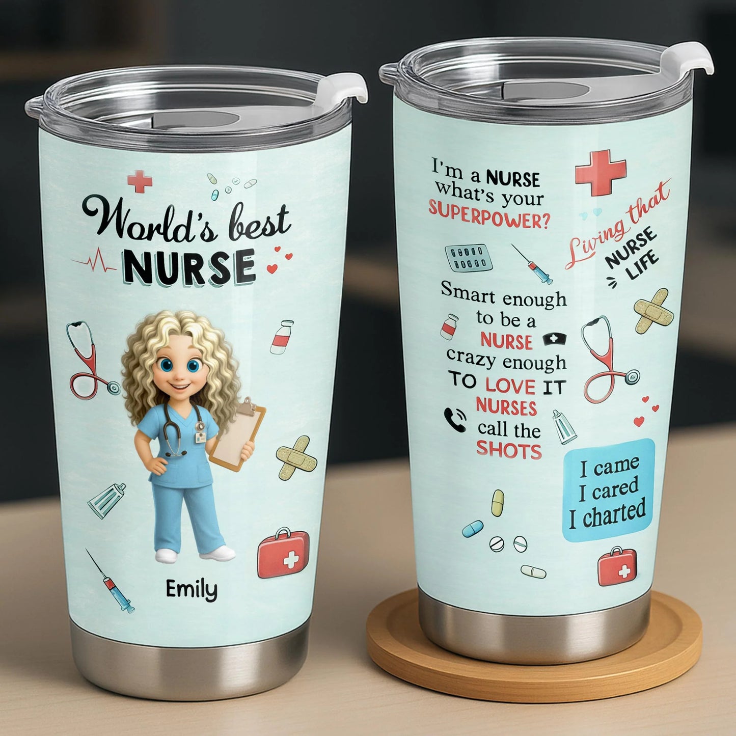 Personalized nurse tumbler featuring medical symbols and cute cartoon nurse for RN appreciation gifts image 9