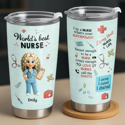 Personalized nurse tumbler featuring medical symbols and cute cartoon nurse for RN appreciation gifts image 9