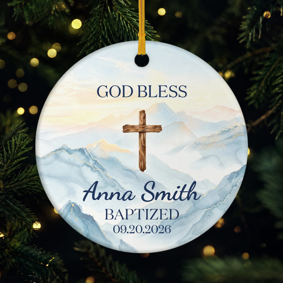 "God Bless" Cross Personalized Ceramic Ornament - Christening Keepsake for Kids
