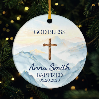 "God Bless" Cross Personalized Ceramic Ornament - Christening Keepsake for Kids