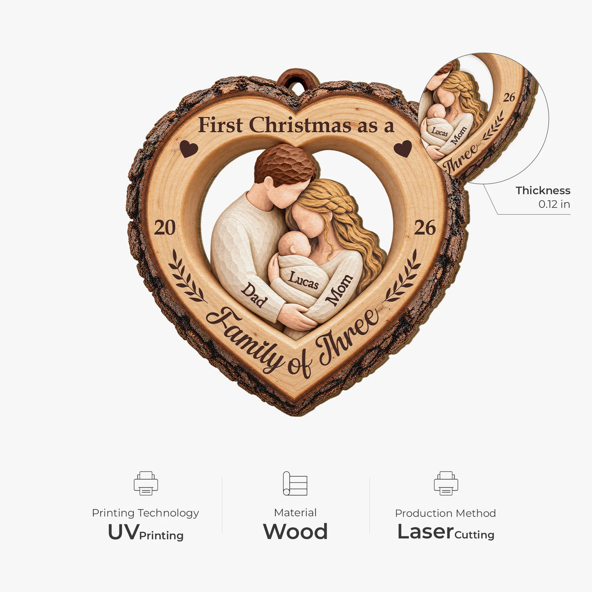 First Christmas as a Family of Three - Personalized Wooden Ornament for New Parents