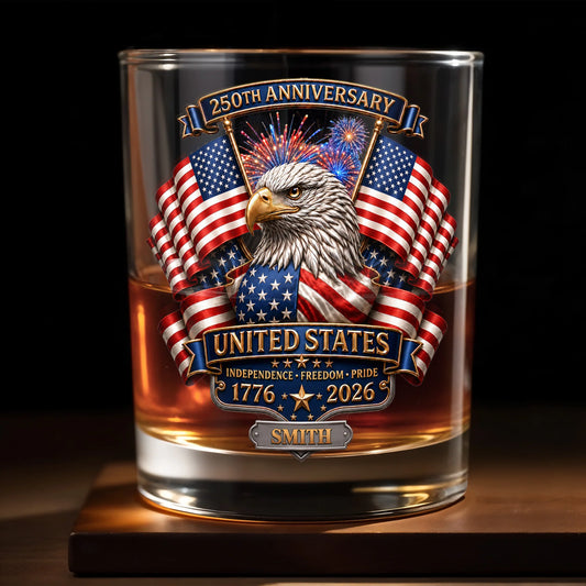Personalized patriotic whiskey glass with custom printed USA flag and eagle design for veterans and dads