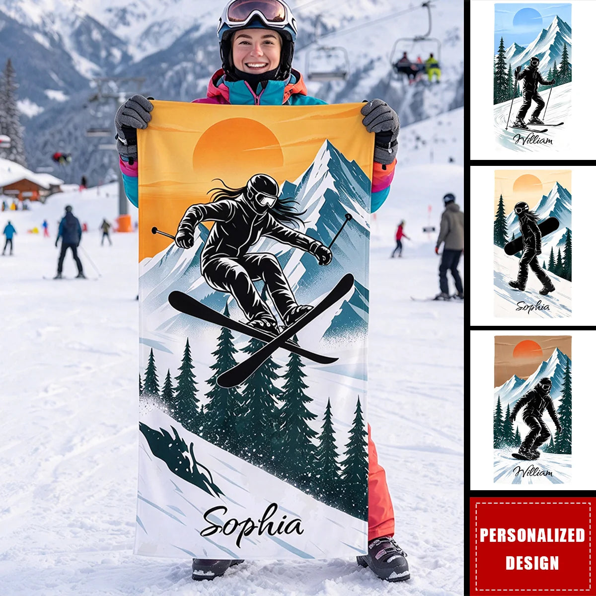 Mountain Sunset Personalized Ski Towel - Custom Name Christmas Gift for Skiers and Snowboarders