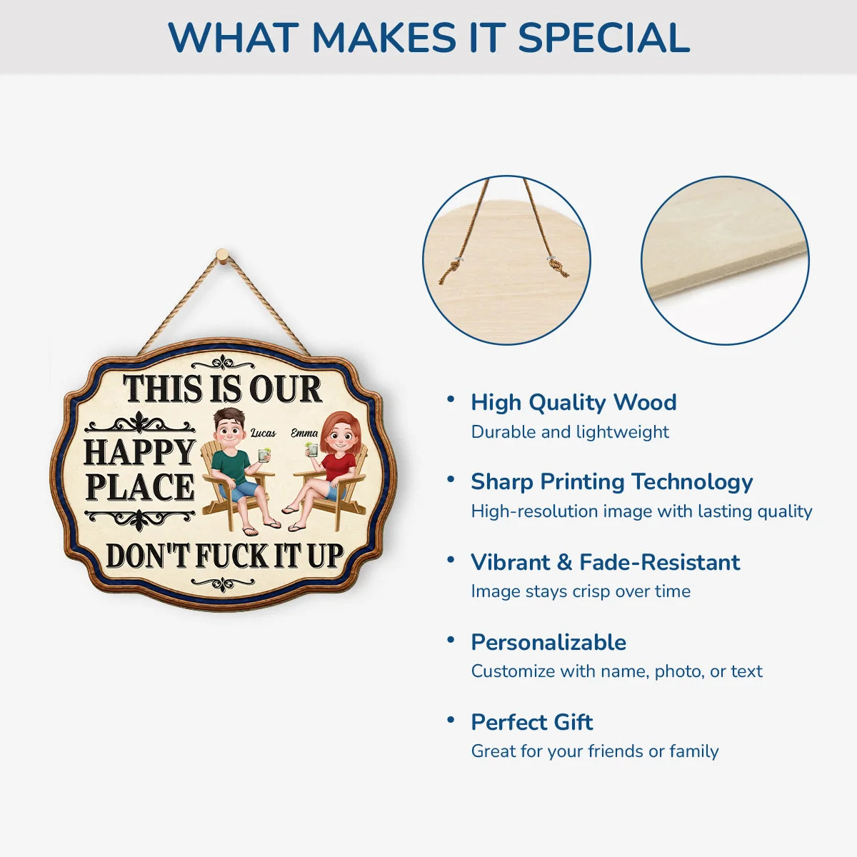 This Is Our Happy Place Don't Fuck It Up - Personalized Wood Sign for Couples Porch Decor