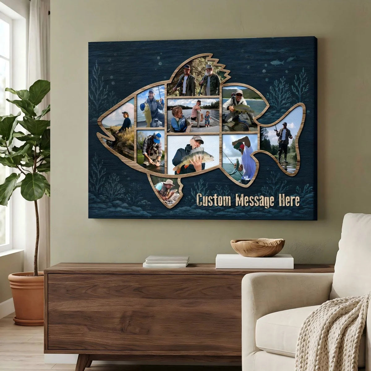 "Dad's Fishing Legacy" Personalized Fish Shape Photo Canvas / Poster - Custom Keepsake Gift for Cabin Decor