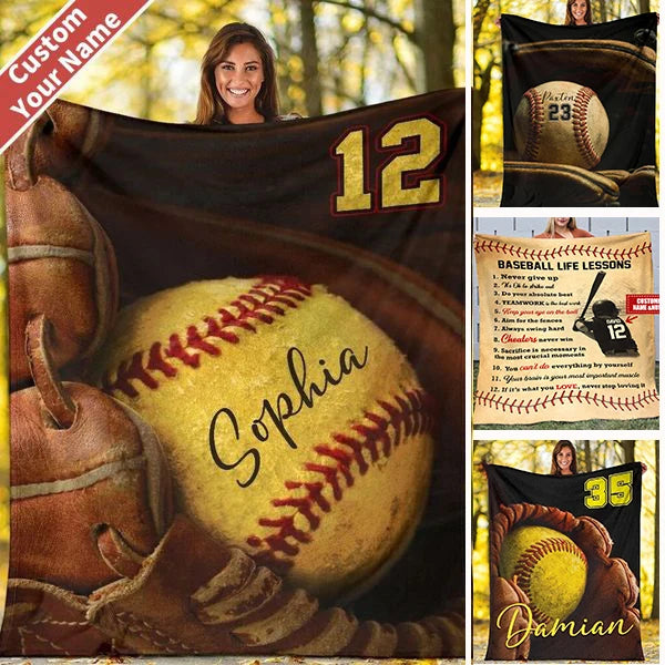 Custom Name & Number Baseball Blanket - Personalized Softball Throw Blanket for Kids