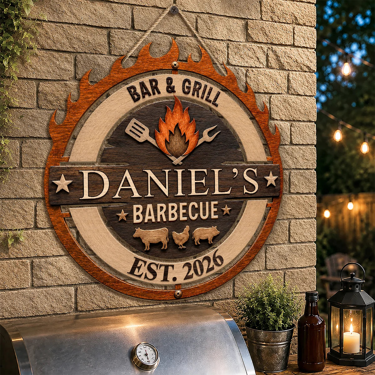 "Bar & Grill" Personalized BBQ Wood Sign - Custom Grill Master Wall Decor Gift