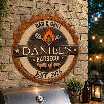 "Bar & Grill" Personalized BBQ Wood Sign - Custom Grill Master Wall Decor Gift