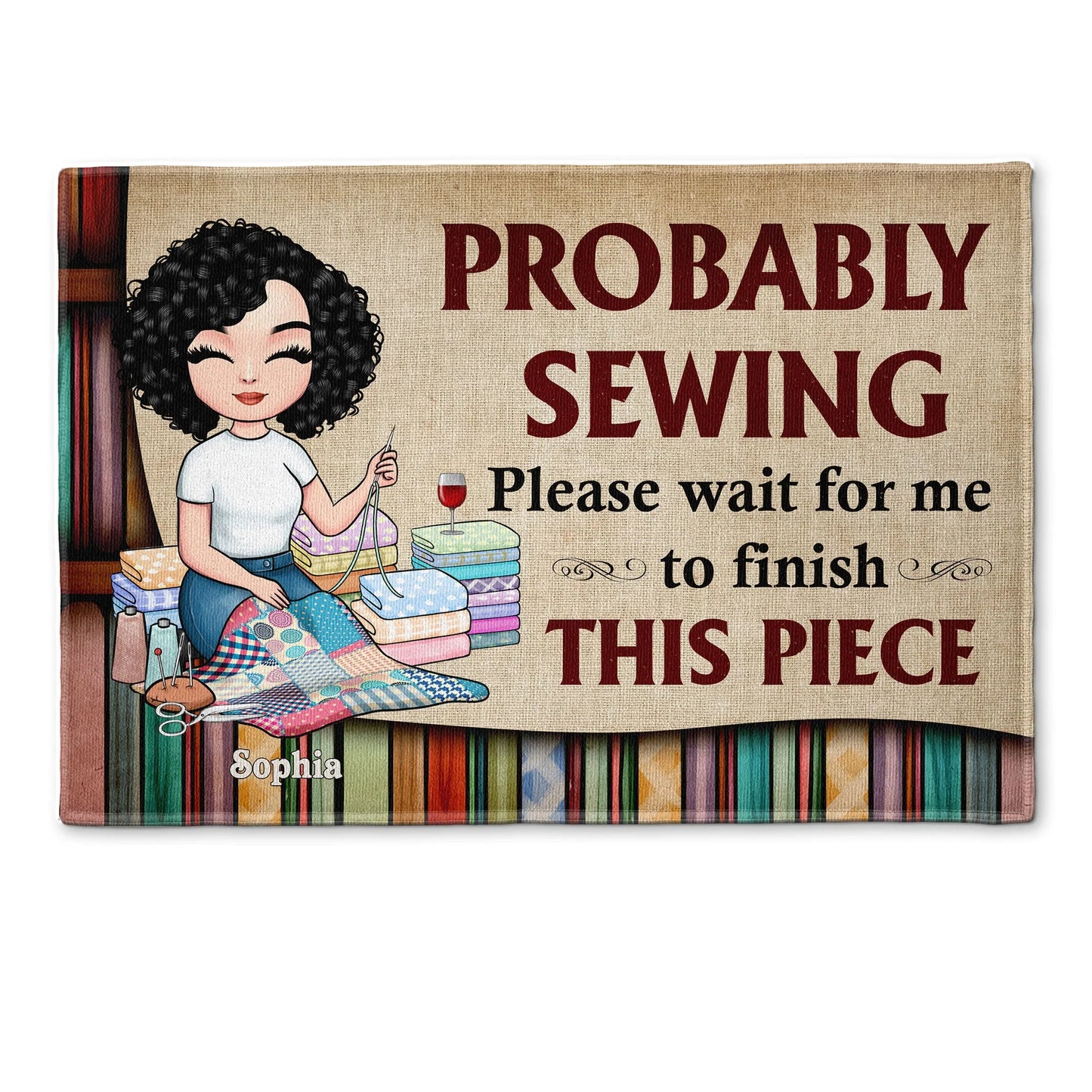 Personalized sewing doormat with custom cartoon character and text for a sewing room entryway mat